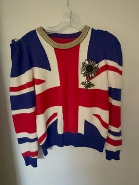 Union Jack Knit Sweater with Embellished Brooch - Blue/Red/White